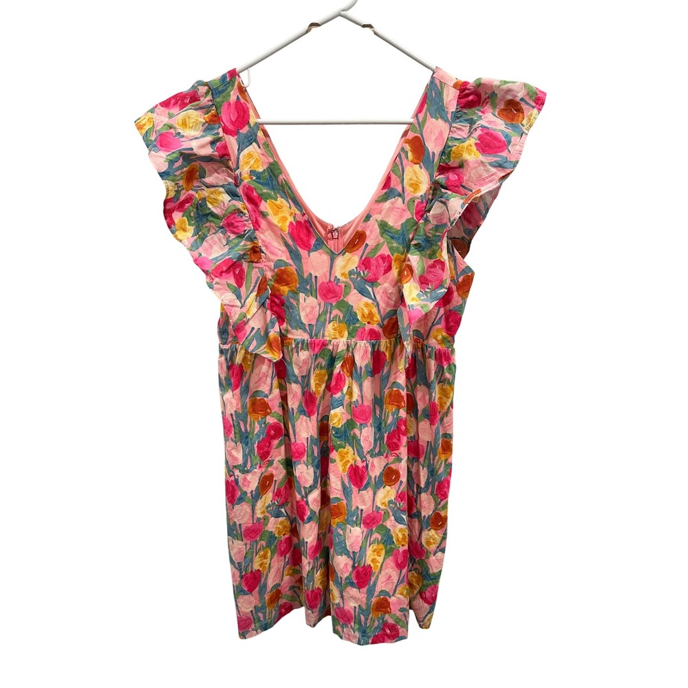 Floral Print Dress Pink Ruffle Sleeve V Neck TCEC Women's Size L‎